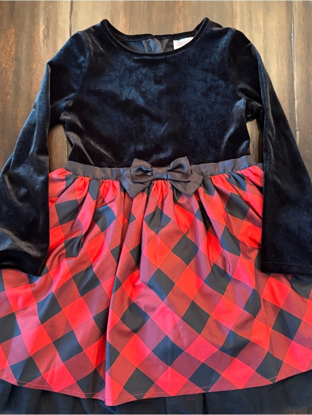 Cat & Jack Red and Black Buffalo Plaid Dress with Velvet Top 4T